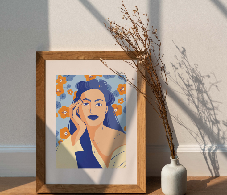 affiche-illustration- femme-portrait-motif-capucines-bleu-photo